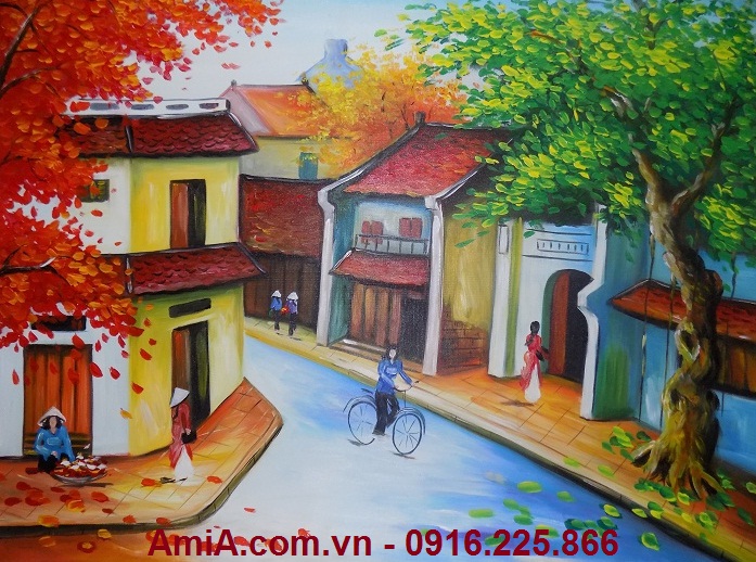 Tranh Sơn Dầu Phong Cảnh Khu Phố Mùa Thu - Tranh Treo Tường Amia