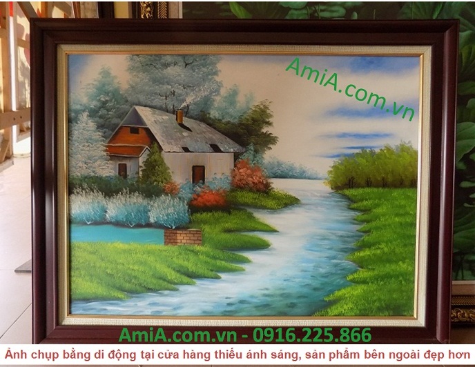 Tranh sơn dầu phong cảnh treo tường ngôi nhà ven sông - AmiA Hà Nội