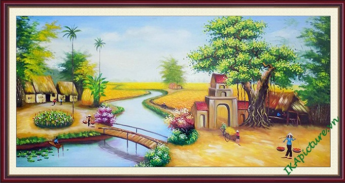 Tranh phong cảnh vẽ sơn dầu làng quê mùa lúa - AmiA Hà Nội