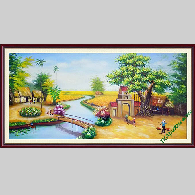 Tranh phong cảnh vẽ sơn dầu làng quê mùa lúa - AmiA Hà Nội