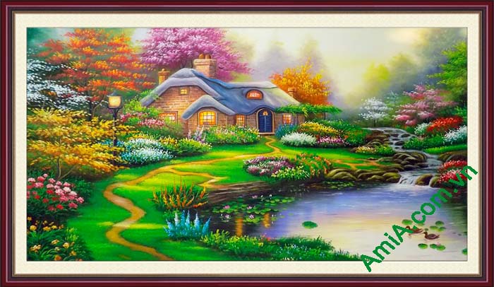 Tranh phong cảnh ngôi nhà châu âu vẽ sơn dầu|Tranh treo tường AmiA