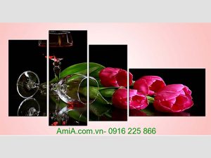 Tranh treo tuong phong an sang trong hoa tulip ruou vang AmiA 1089