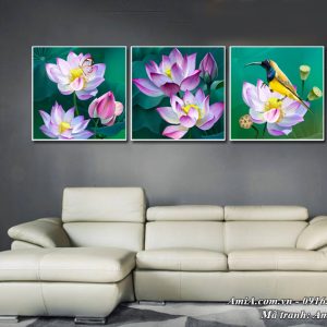 Tranh hoa sen AmiA 1496 bộ 3 tấm in vải canvas nghệ thuật