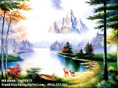 Hình ảnh tranh sông núi rừng cây giả sơn dầu treo tường AmiA 675