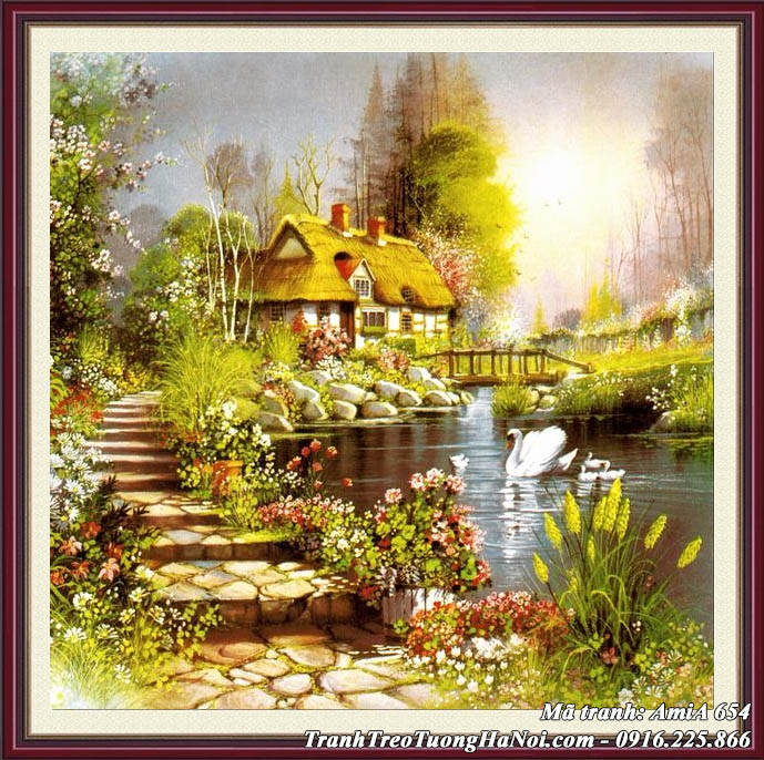 Hình ảnh mẫu tranh AmiA 654 giả sơn dầu khung cảnh ngôi nhà đẹp châu âu