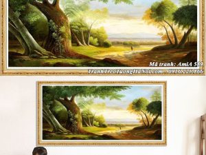 Hình ảnh tranh sơn dầu treo tường cảnh rừng cây xanh giả sơn dầu AmiA 589