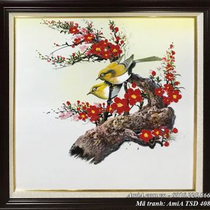 Hình ảnh tranh sơn dầu Amia TSD 408 treo tường đôi chim cành đào phát lộc