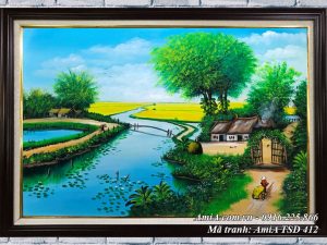 Hình ảnh tranh amia tsd 412 ngôi nhà bên sông quê vẽ sơn dầu treo tường