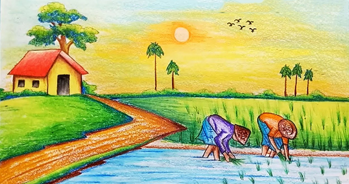 Bức tranh của học sinh vẽ phong cảnh quê hương  Nghệ thuật phong cảnh Phong  cảnh City art