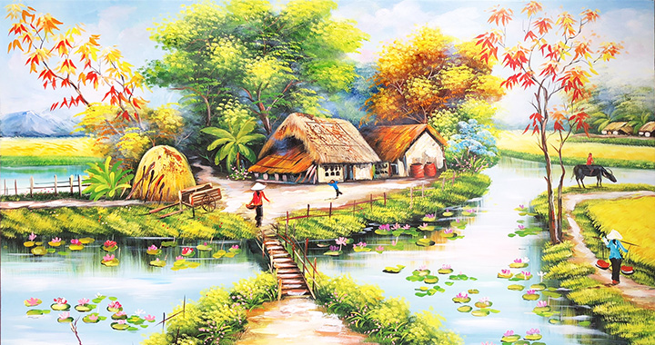 Tranh phong cảnh làng quê Việt Nam đẹp và thơ mộng  Tranh Vẽ Theo Yêu Cầu